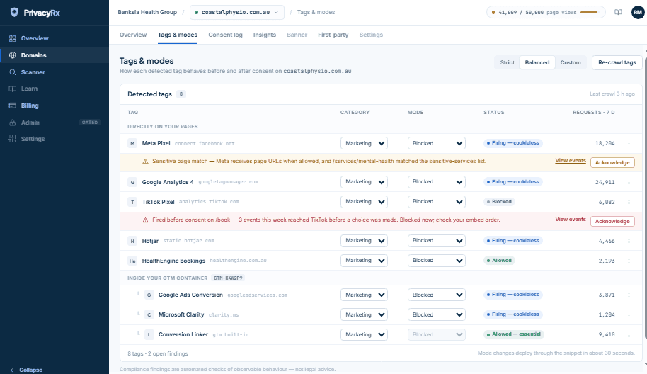 Tags and modes screen with per-tag Blocked, Consent mode and Allowed controls